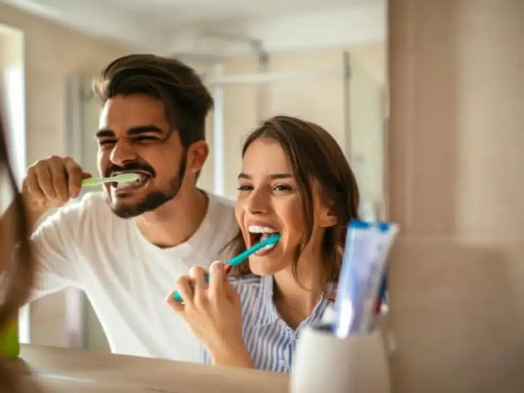 Individuals brushing their teeth