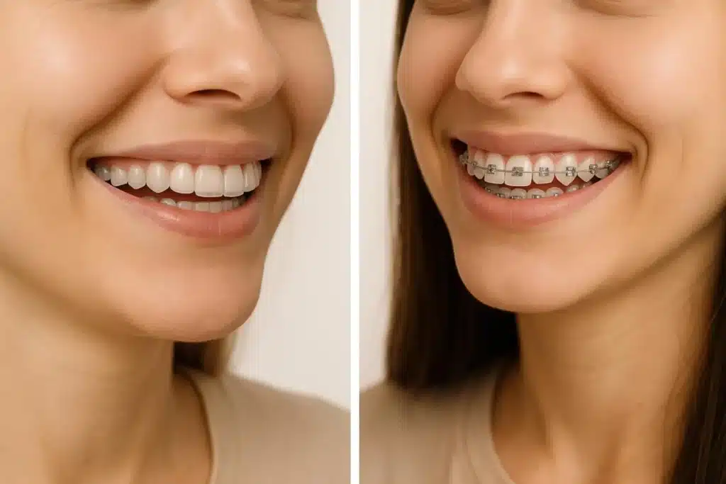 Picture of an individual with clear aligners and another individual with metal braces